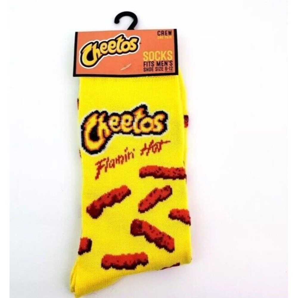 Cheetos Flamin Hot Mens Size 6-12 Yellow Red Graphic Novelty Crew Socks 1Pk Chip